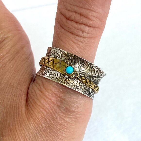 Sterling Silver 925 Embossed Brass Snake Turquoise Wide Spinner Band Ring 14.5 - Picture 2 of 16